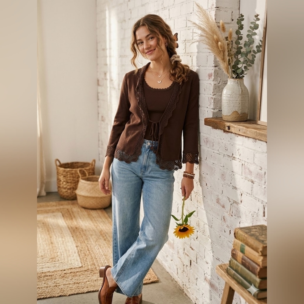 Vintage Y2K Joseph‎ A. Chocolate Brown Crochet Two Piece Cardigan Set Size M/L
